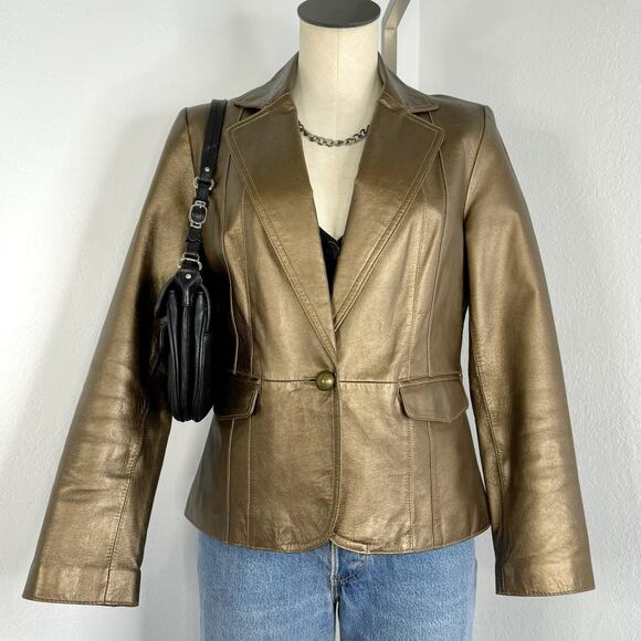 Bronze Metallic Leather Blazer Jacket One Button Size Medium - Picture 2 of 12